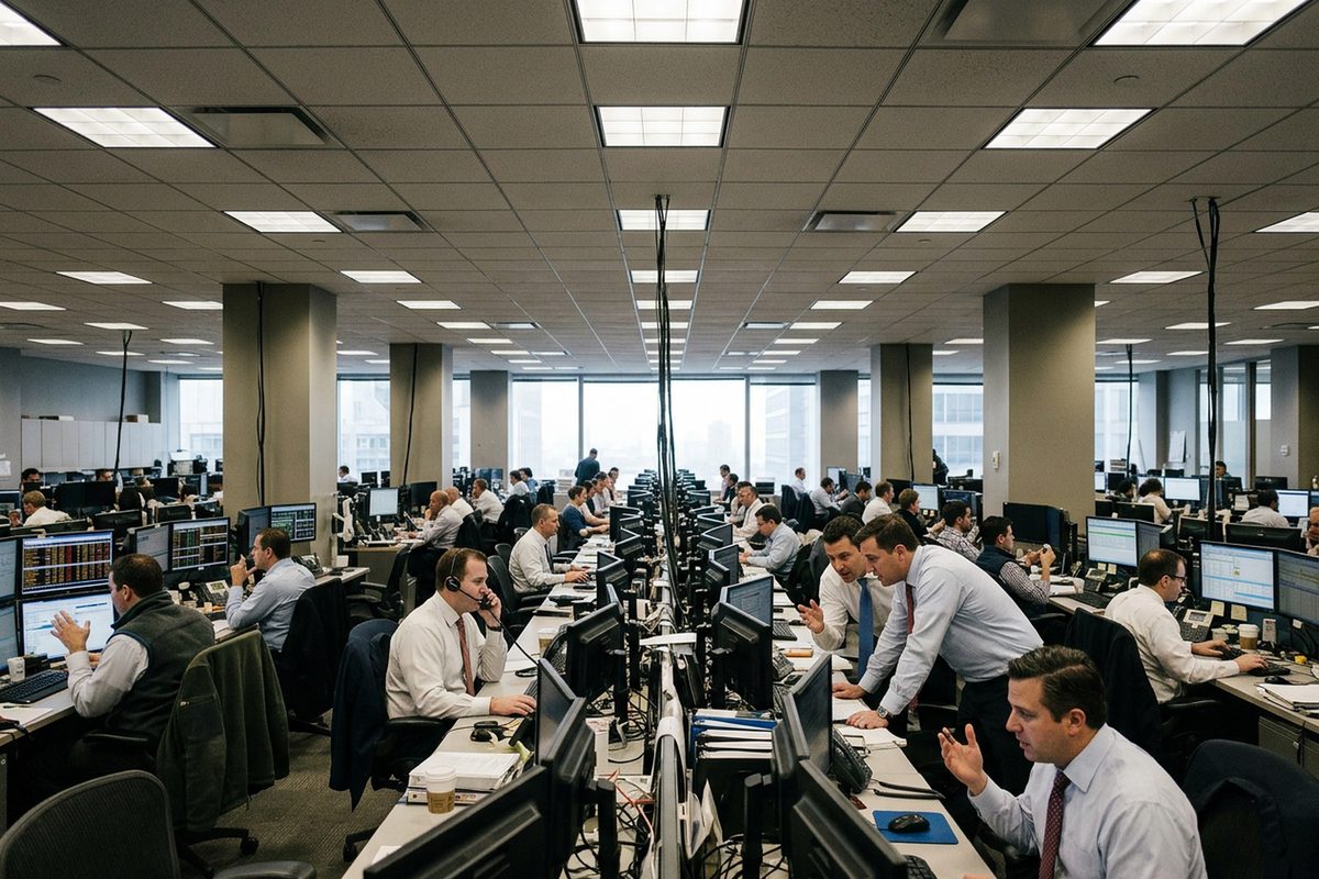 Wide view of a bond trading floor with traders at rows of desks under fluorescent light, seen from the back of the room, illustrating Anthropic's junk credit rating outlook ahead of its IPO.