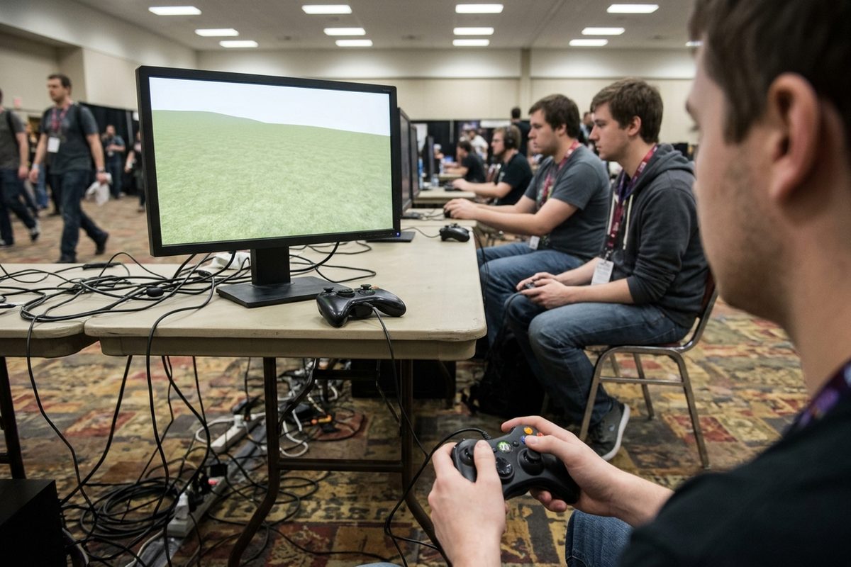 Over-the-shoulder view of a player holding a black gamepad at a PC demo station in a fluorescent-lit convention hall, with other players at the stations beside them.