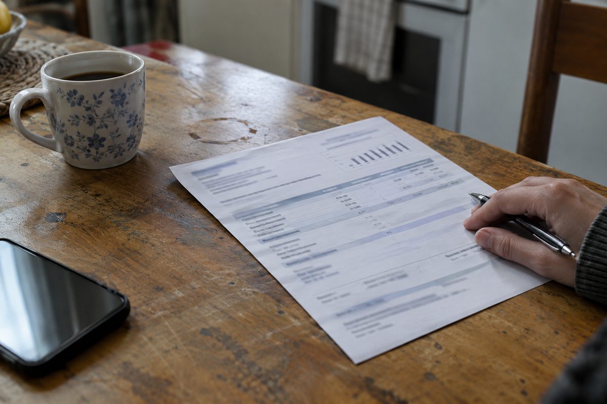 A residential electricity bill on a kitchen table, a hand resting beside unreadable line items under overhead light.