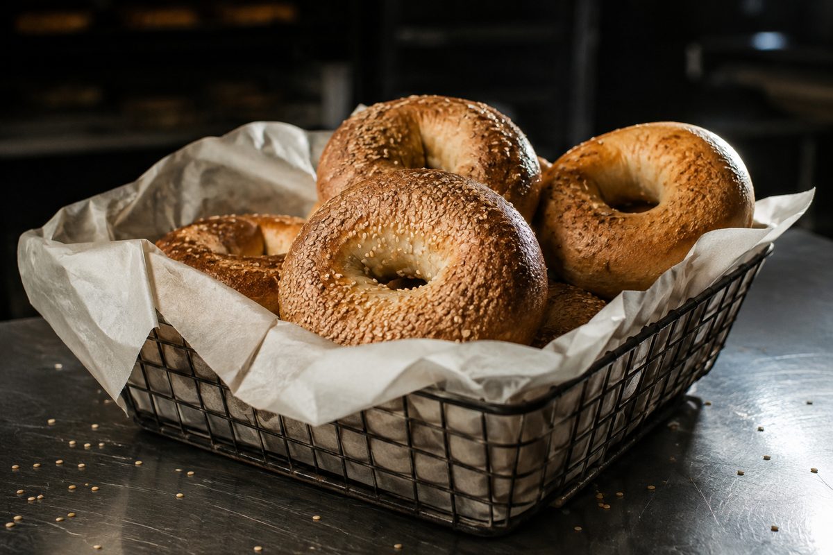 A paper-lined basket of plain bagels on a steel counter, shot at a three-quarter angle in low backlight.