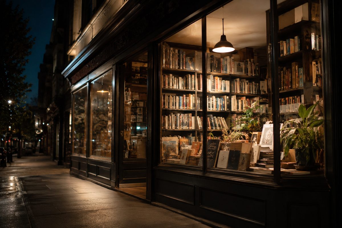 Photo illustration: flat editorial illustration in the brand palette — a lit bookstore storefront window at night on an empty sidewalk, tall shelves and a single pendant lamp visible through the glass, warm light spilling onto the pavement, dark sky above, no text legible, no people