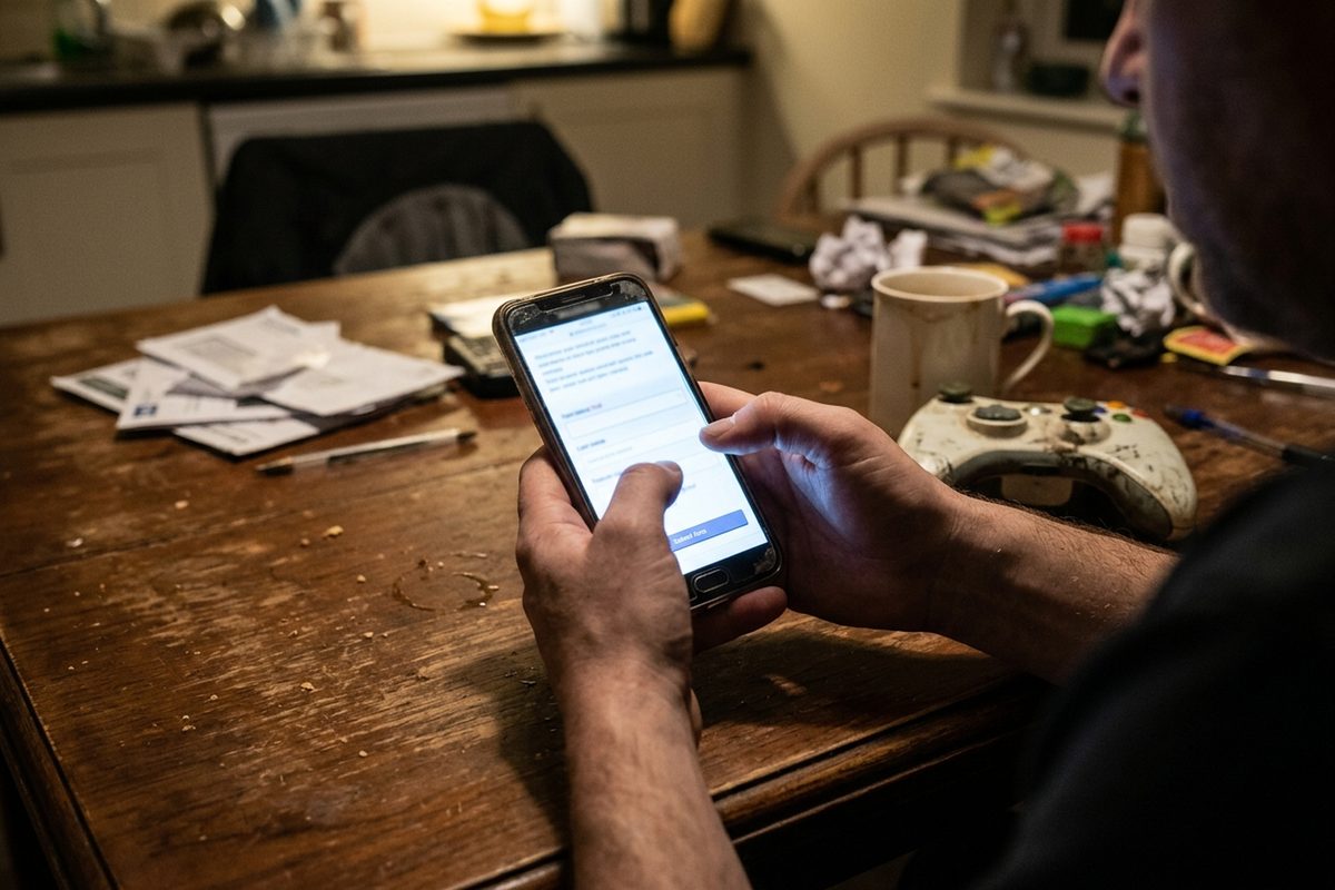 A person's hands holding a phone at a kitchen table at night, with a game controller resting beside it, while they sign the Save Mass Effect petition.