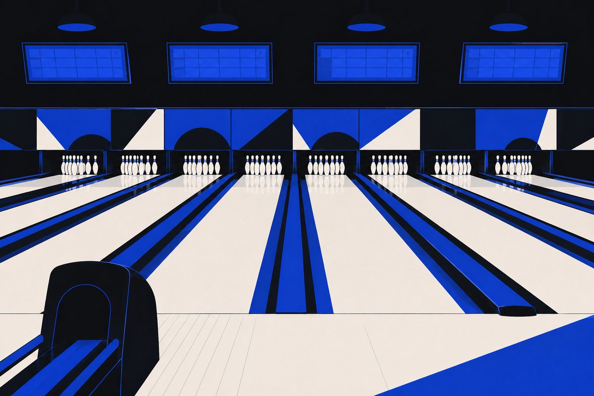 Illustration: Editorial illustration: a row of bowling lanes seen head-on at night, pins standing at the far end of each lane, scoring monitors glowing above, empty approach in the foreground. Moody, graphic, painterly; no text in the image, no logos, no readable numbers, no brand marks.