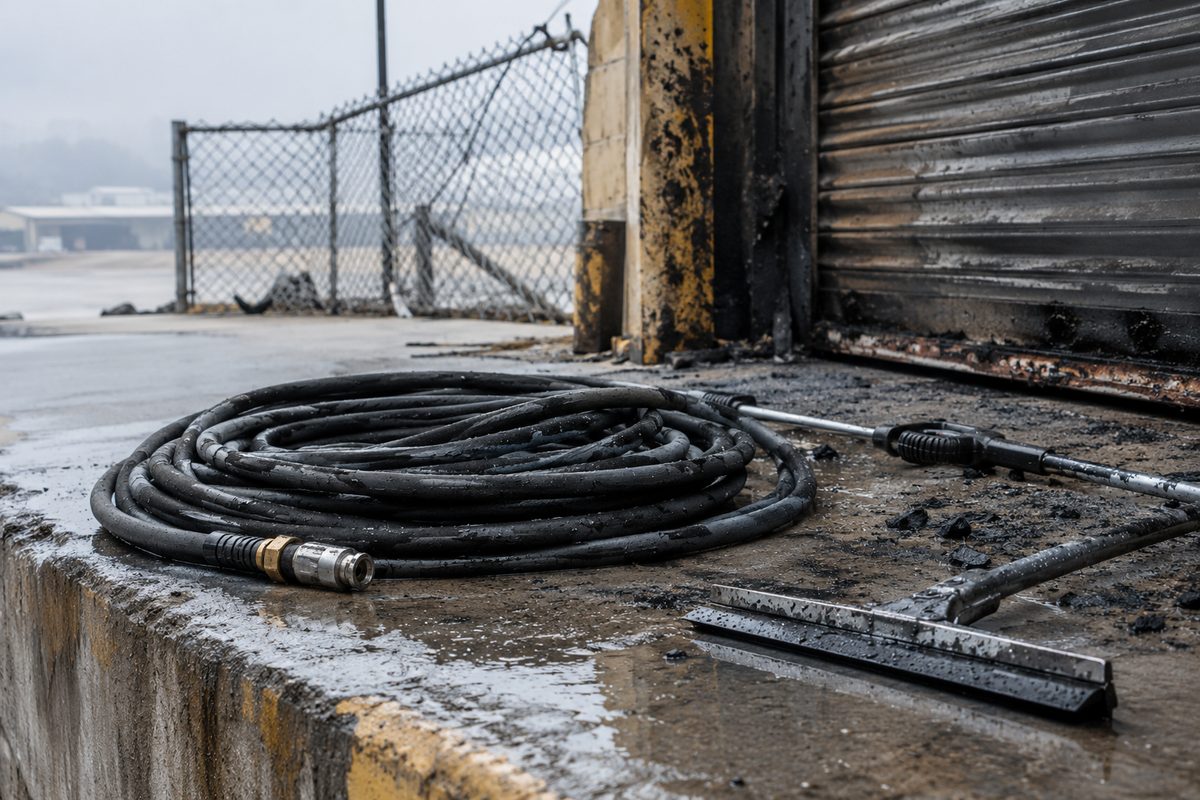 Close-up of a coiled pressure-washer hose on wet concrete beside a scorched industrial loading dock, chain-link fence behind, grey morning light.