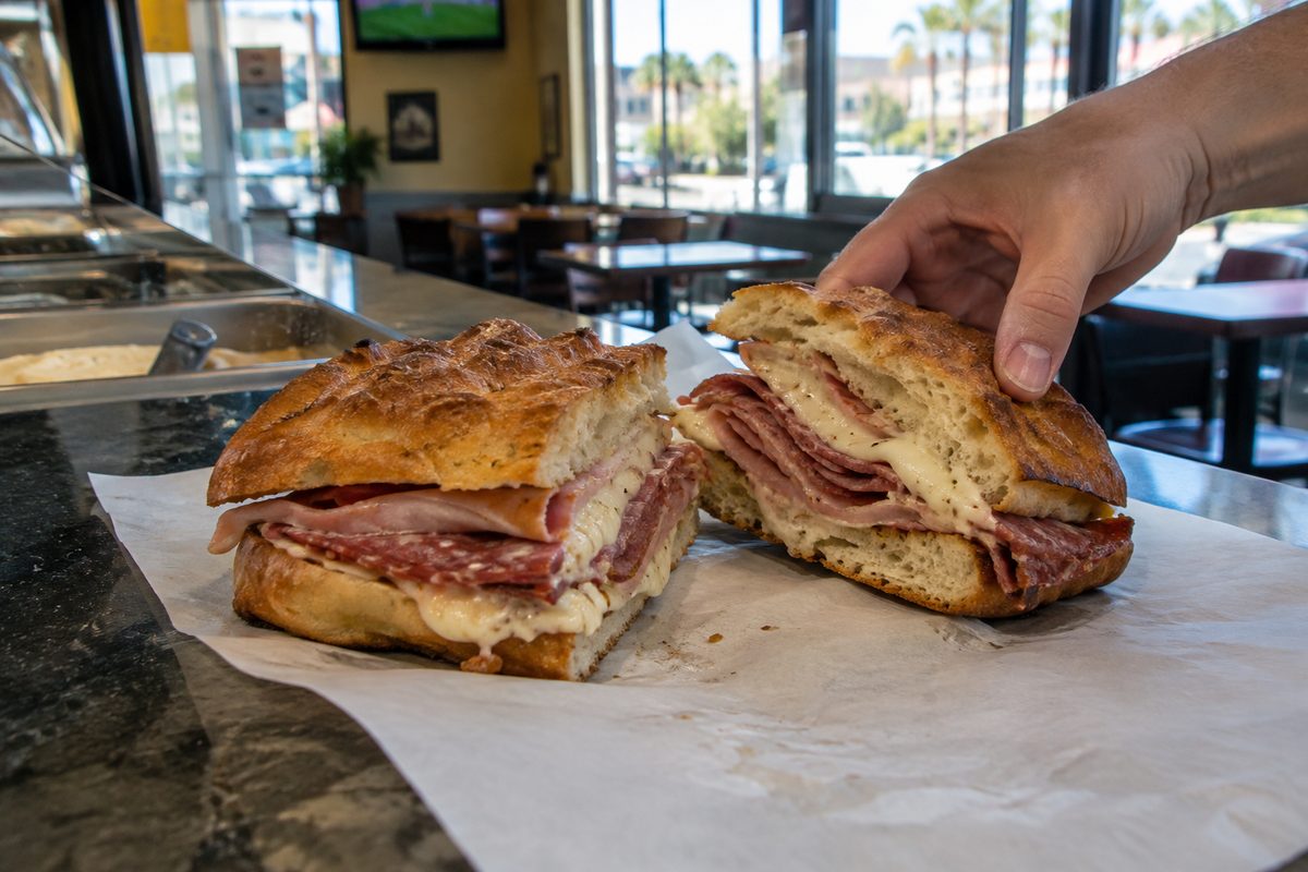 A cold-cut focaccia sandwich layered with salami, ham and provolone, cut in half on paper at a sunny window counter in a Woodland Hills sandwich shop.