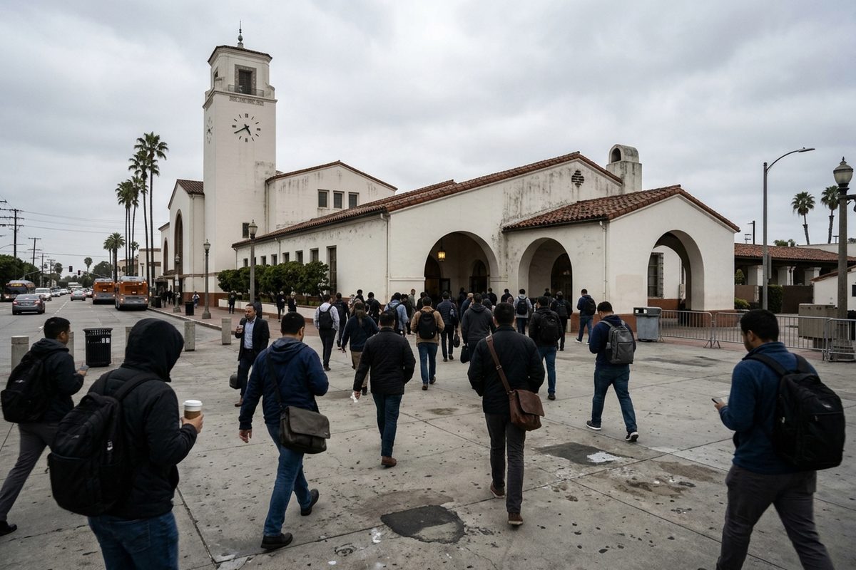 Commuters cross the forecourt of Los Angeles Union Station on an overcast morning, with the station's clock tower above them, ahead of the end of daylight saving time.