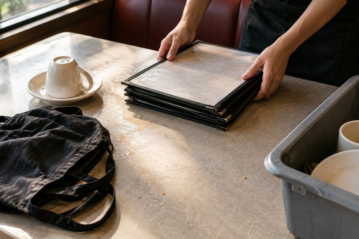 Overhead view of a cleared cafe table, hands stacking menus beside an upturned coffee cup in window light.