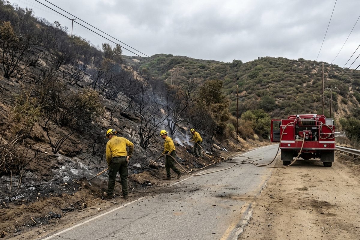 Firefighters work a blackened brush slope in the hills.