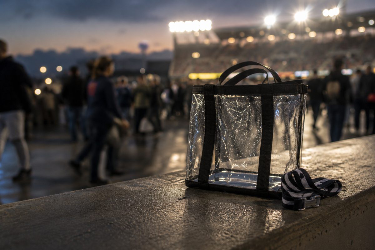 A clear plastic tote bag and a folded lanyard resting on a stadium concourse railing at dusk, with a blurred crowd behind.