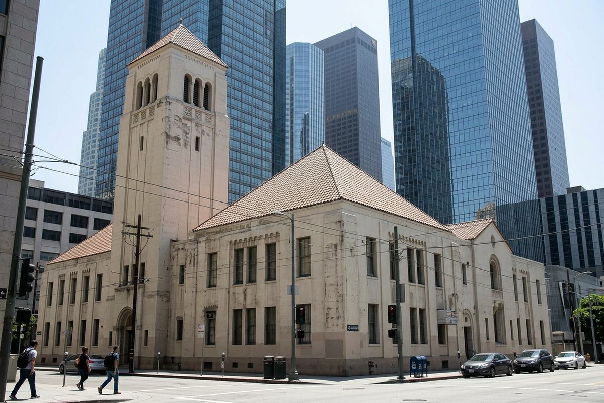 The Central Library building on Fifth Street in downtown Los Angeles at midday, with office towers on Bunker Hill behind it and pedestrians on the sidewalk.