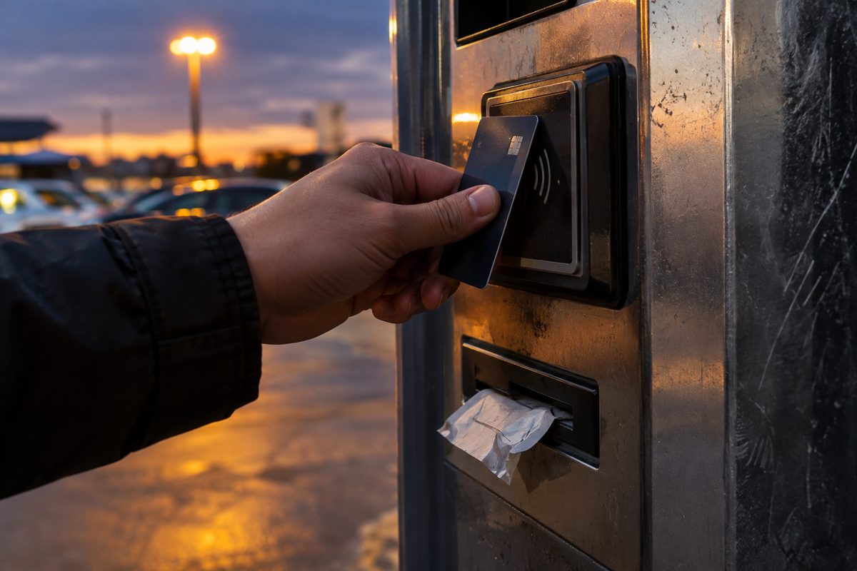 Close-up of a hand holding a credit card at an airport parking pay station keypad at dusk, ticket stub in the slot, no readable text.