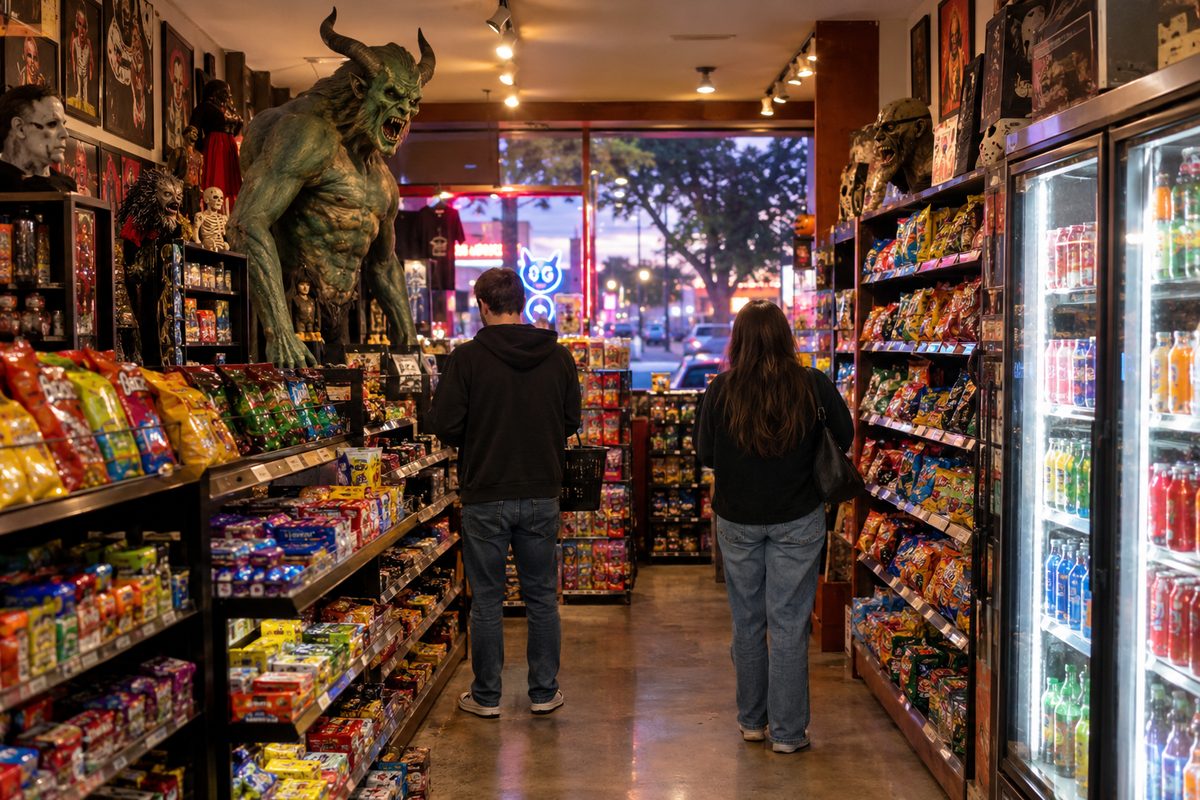 Shoppers browse candy shelves beneath large monster sculptures inside a brightly colored horror-themed snack shop in Burbank.