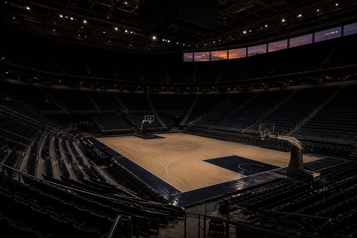 Rows of empty seats in a darkened indoor basketball arena, court lit below, no signage visible