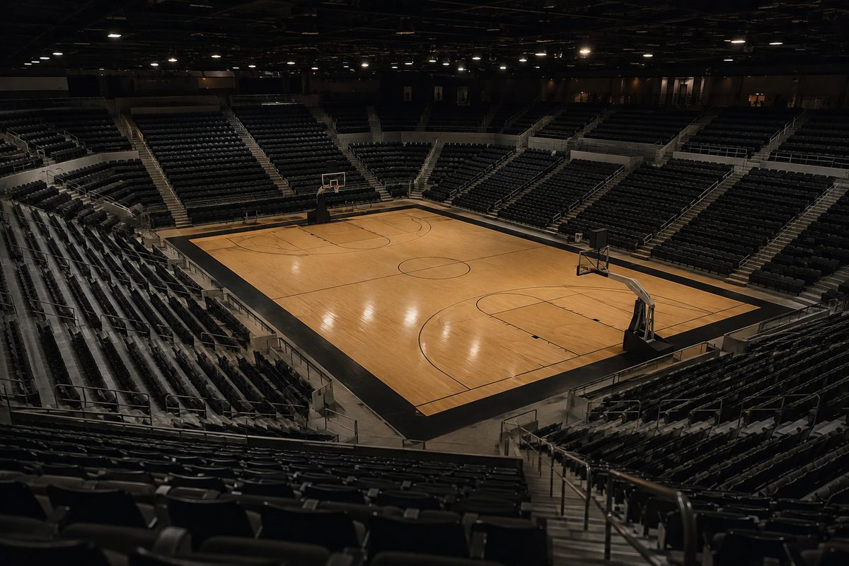 An empty basketball arena seating bowl in low light, hardwood court visible below, no logos or people identifiable