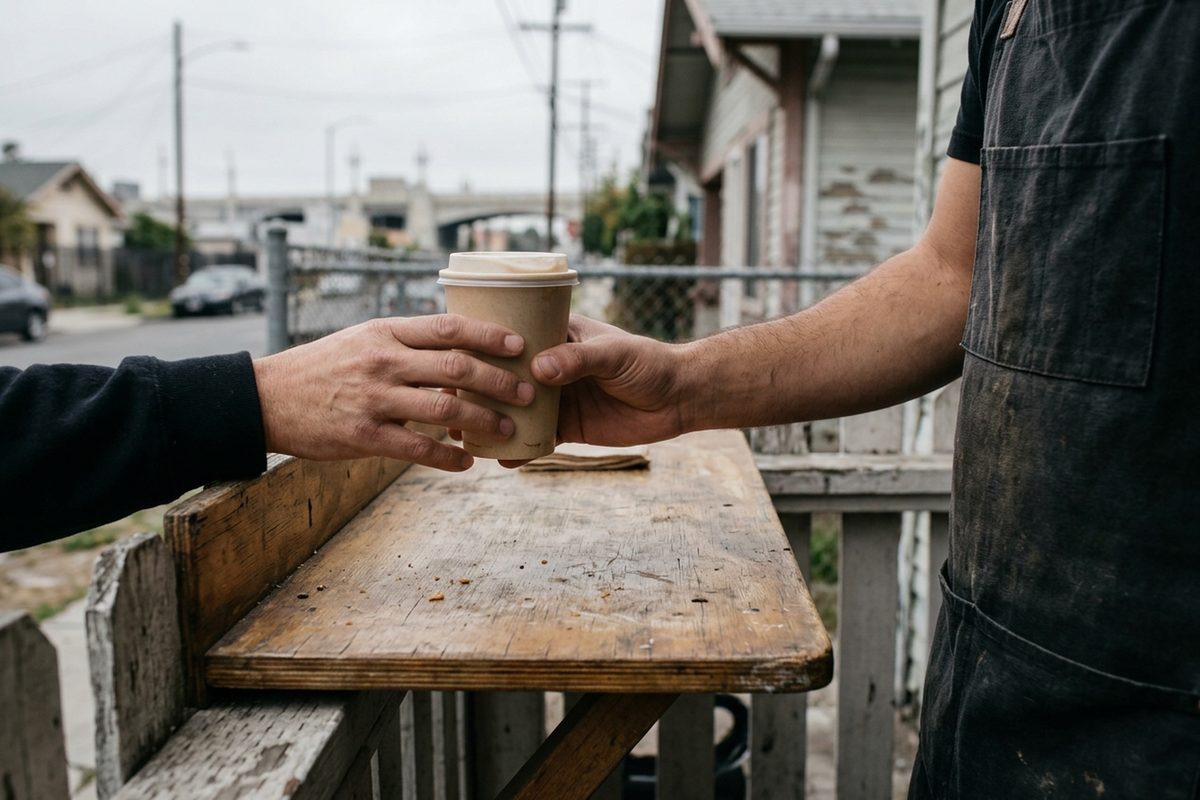 A hand takes a paper cup of latte from a small walk-up coffee counter on a residential street in Boyle Heights on an overcast morning.