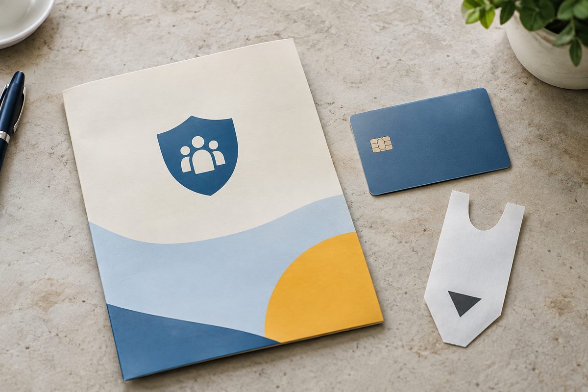 Photo illustration: flat editorial illustration, brand palette - a benefits notice on a counter beside a plain payment card and a numbered queue ticket, overhead flat-lay, neutral daylight, no legible text, no logos, no people, no identifiable building