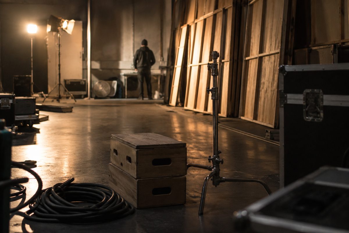 Wide interior view of an empty soundstage with cable runs, apple boxes and tungsten lights, illustrating California film tax credit legislation