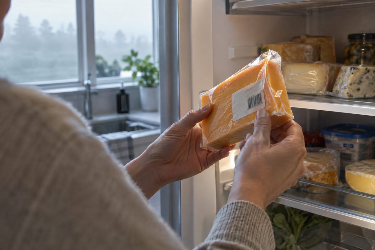 Hands hold a wrapped block of cheese at an open refrigerator, turning it to read the barcode on the label.