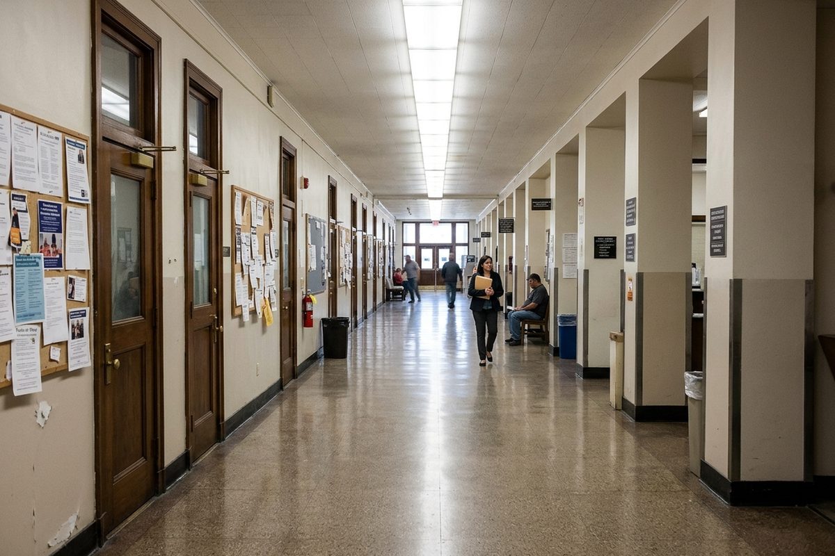 A hallway inside a county government building on a weekday afternoon.