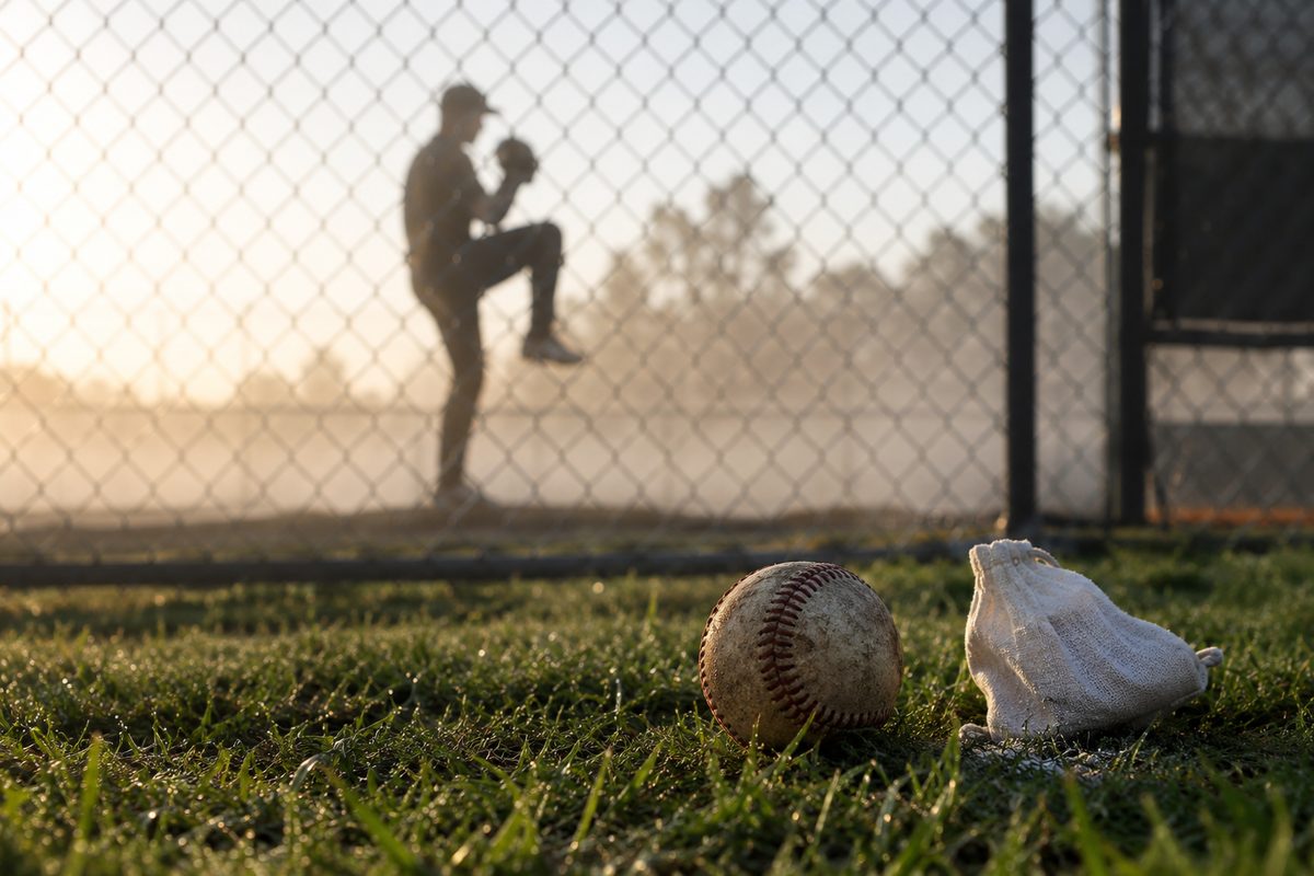 Silhouette of a pitcher mid-windup behind a chain-link backstop in hazy morning light, with a baseball and rosin bag on the grass in the foreground.