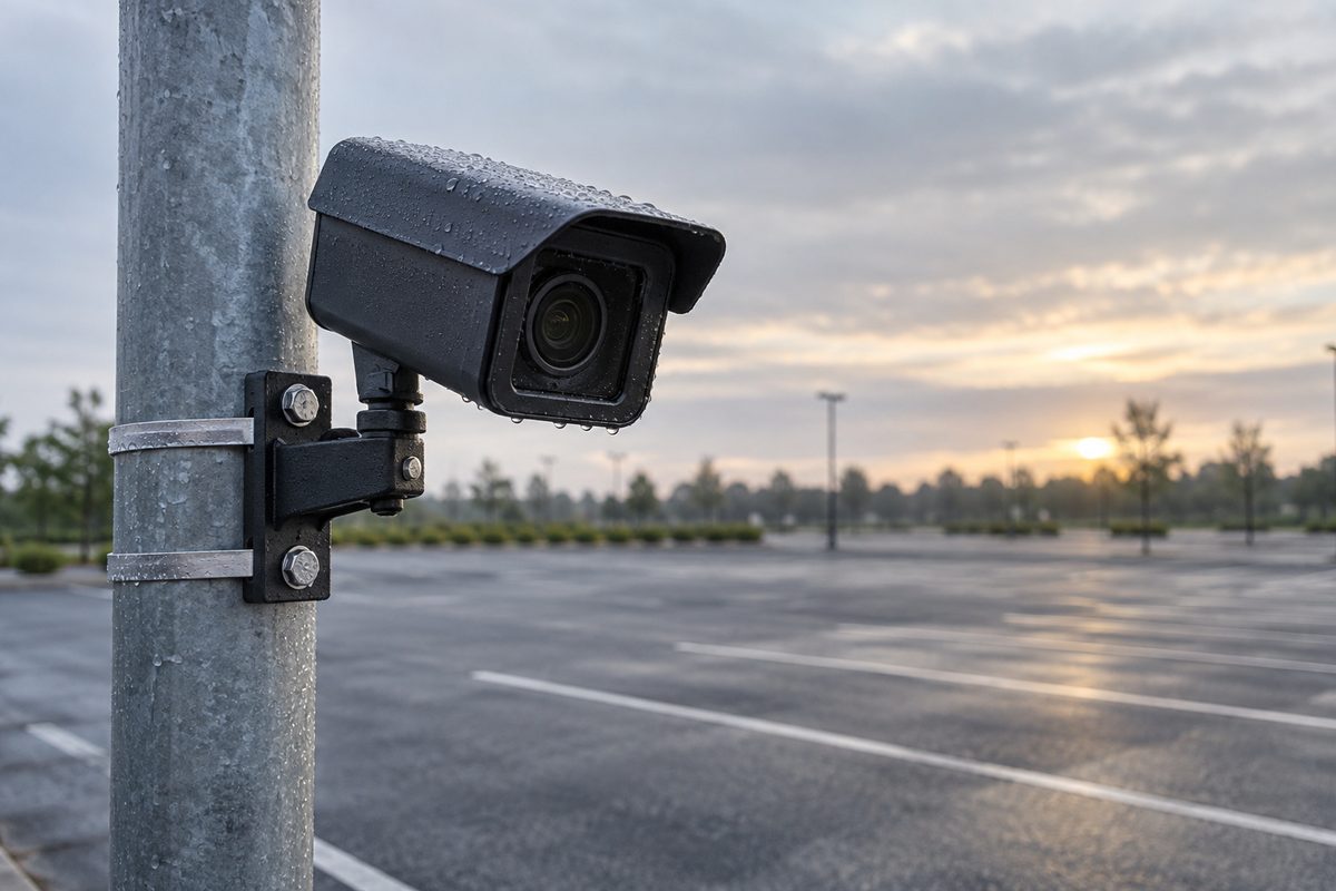 Close view of a small black pole-mounted license plate reader camera above an empty parking lot at dawn.