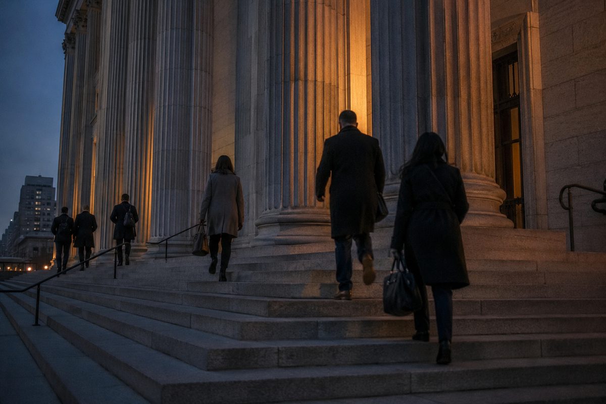 Wide view of stone courthouse steps and columns at dusk, a few figures walking up, no signage legible.