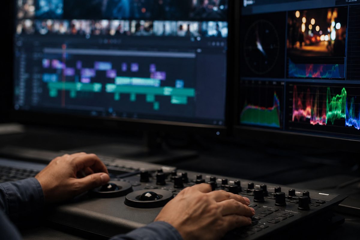 Hands on a control surface in a dim video editing suite, timeline visible on monitors, California post-production tax credit story