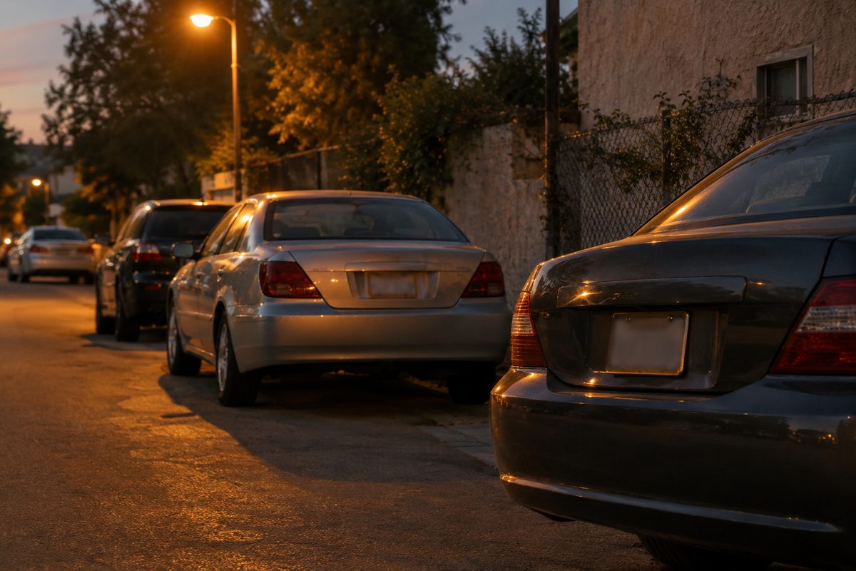 Rear bumpers of cars parked along a residential curb at dusk, license plate characters out of focus and unreadable.