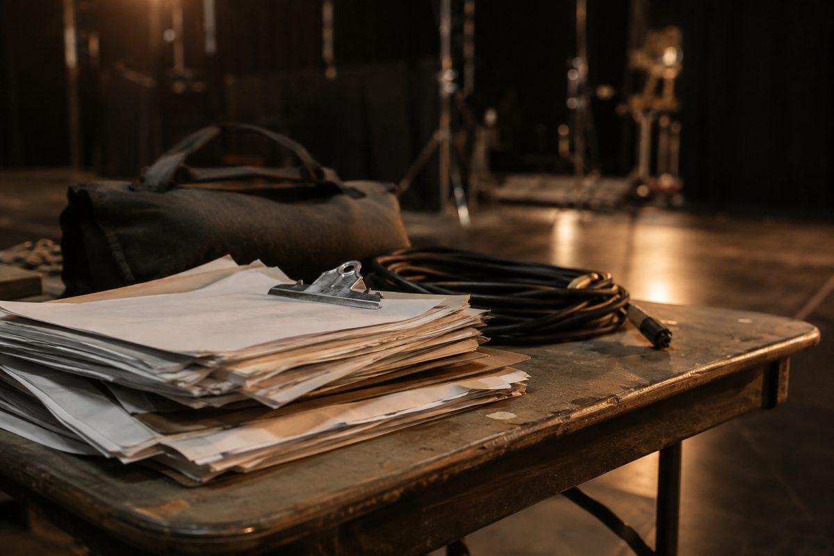 A stack of production paperwork and a clipboard on a folding table inside a dim soundstage, shot close with the background out of focus.