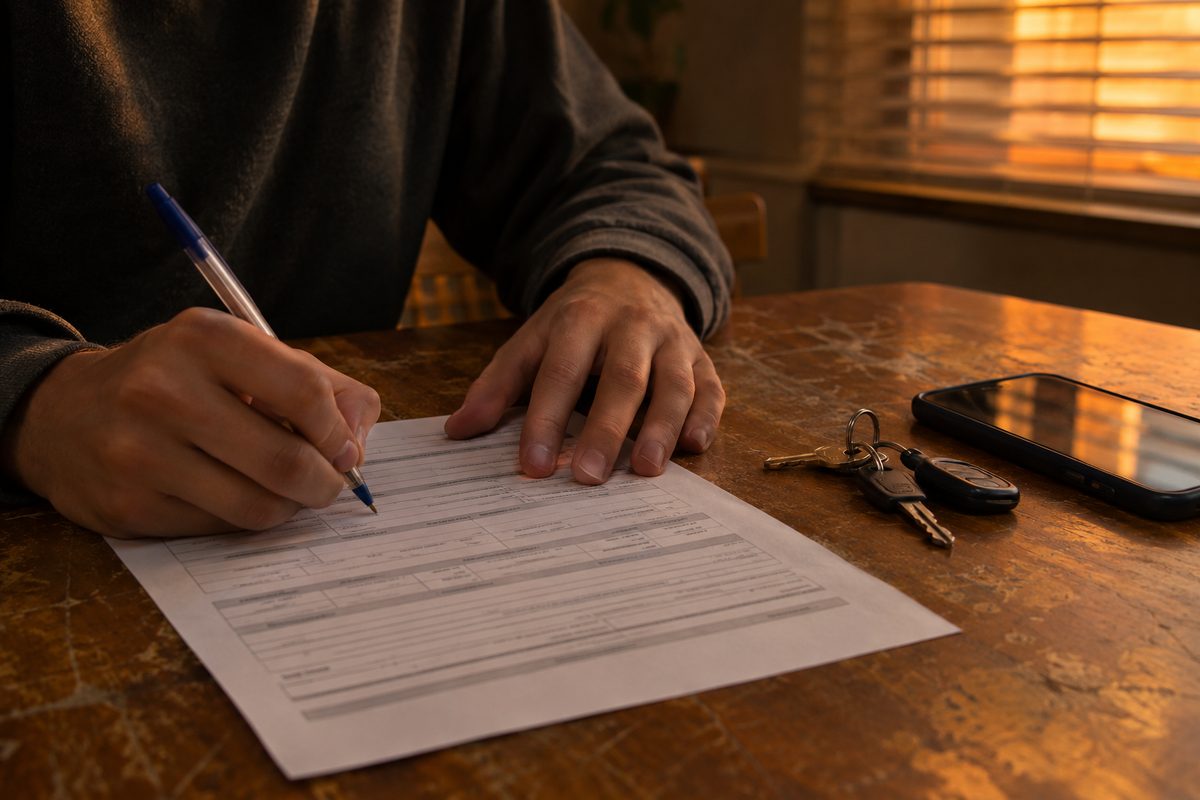 Close-up of a young person's hands filling out a printed application form on a kitchen table, apartment keys beside the paper.