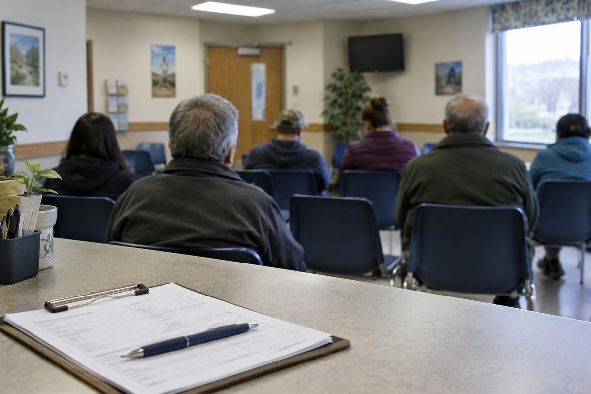 Patients seen from behind in plastic chairs in a fluorescent-lit hospital waiting room, with intake forms on a counter.