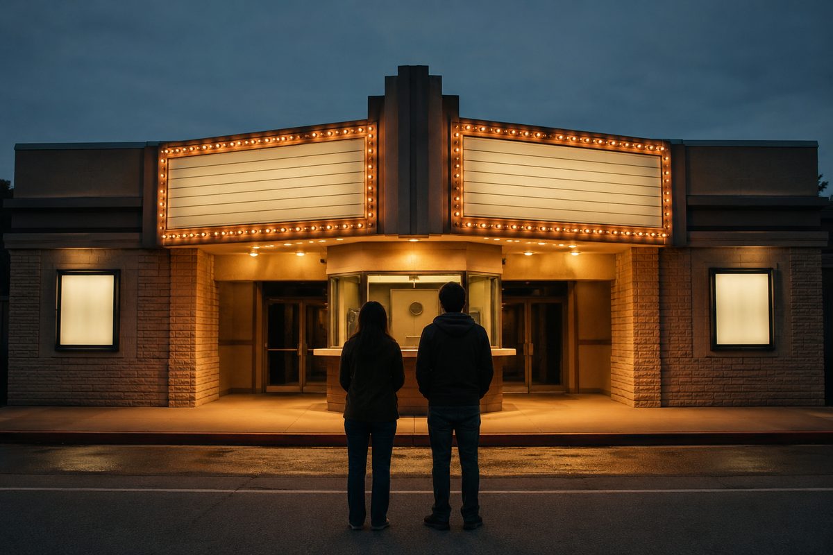 A small movie theater facade at dusk, shot straight on, its blank marquee lit and its letters unreadable, with two silhouetted figures at the curb.