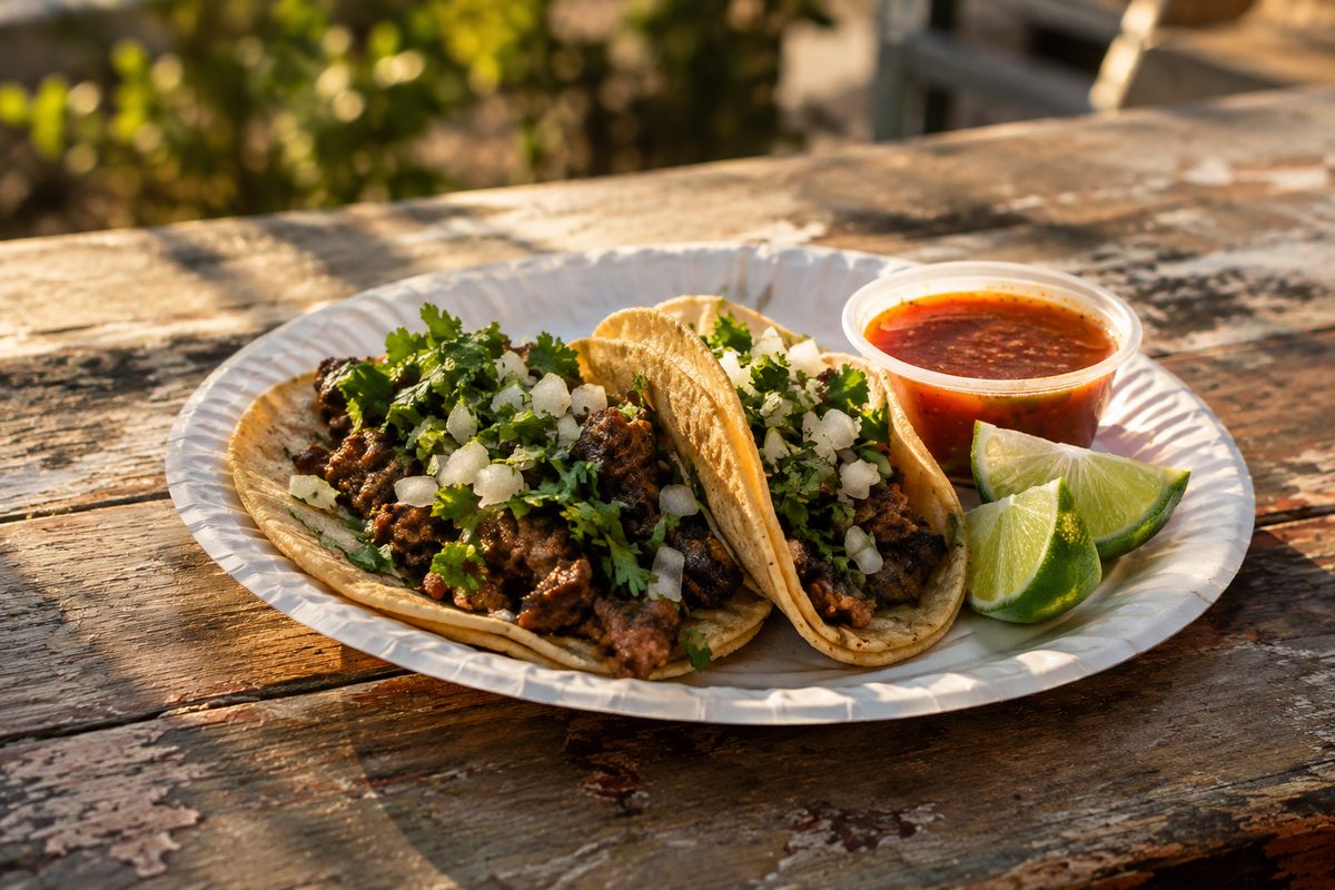 Two small corn tortilla tacos on a paper plate beside lime wedges and a cup of red salsa on a weathered patio table in late-day light.