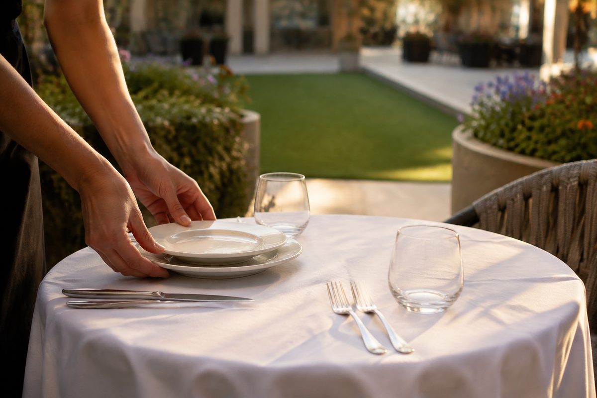 Two hands setting stacked white plates and water glasses on an outdoor cafe table at golden hour, an open-air courtyard blurred behind.