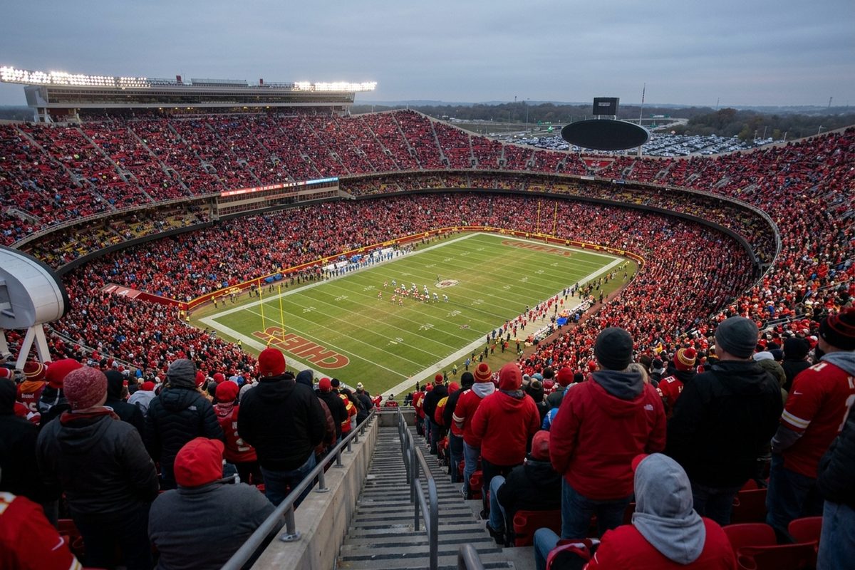 Photo illustration of an NFL stadium's upper deck in late-afternoon light.