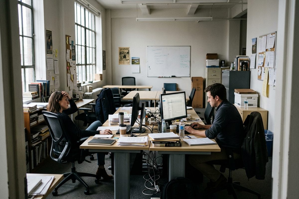 Two reporters at desks in a small open-plan newsroom in flat daylight, one leaning back with a hand on her forehead while reading her screen.