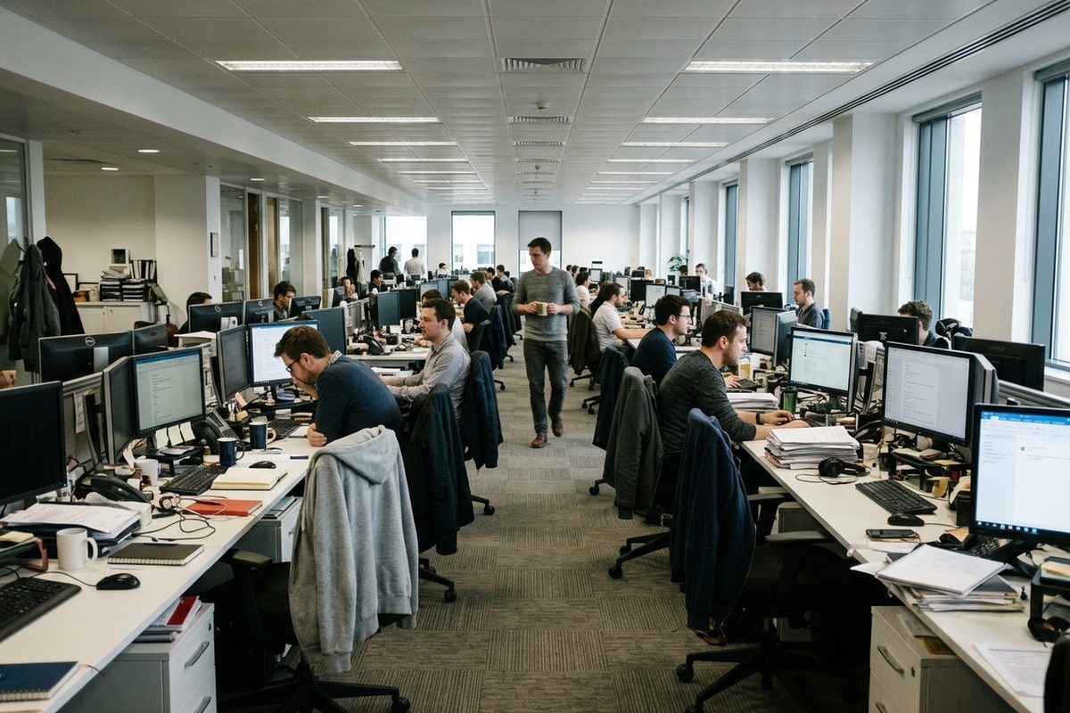 An open-plan office in daylight, seen from far across the floor, with workers at rows of desks and monitors as a colleague walks between them.
