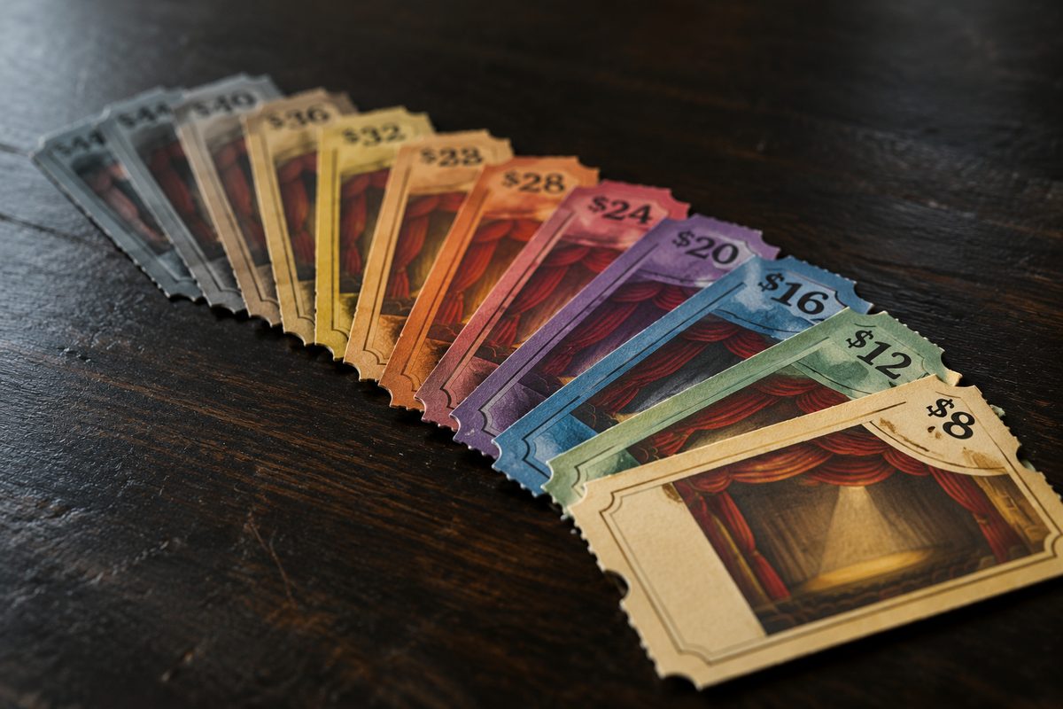 Photo illustration: ten paper theater tickets fanned in a row on a dark table, each printed with a different price, the cheapest one nearest the camera; graphic, painterly, no readable venue names, no logos, no faces.