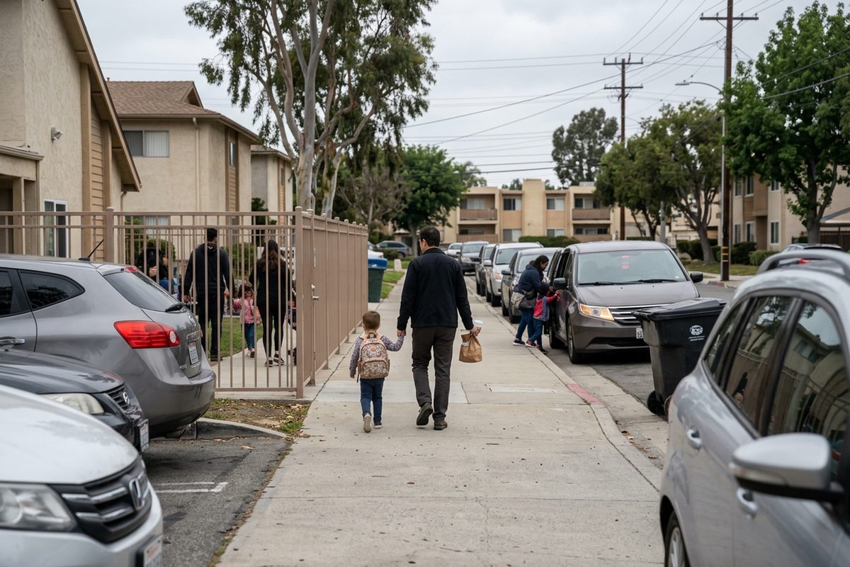 A parent walks a young child by the hand toward a preschool gate on a residential street in Irvine on an overcast morning, an image for a story on childcare costs and credit card debt.