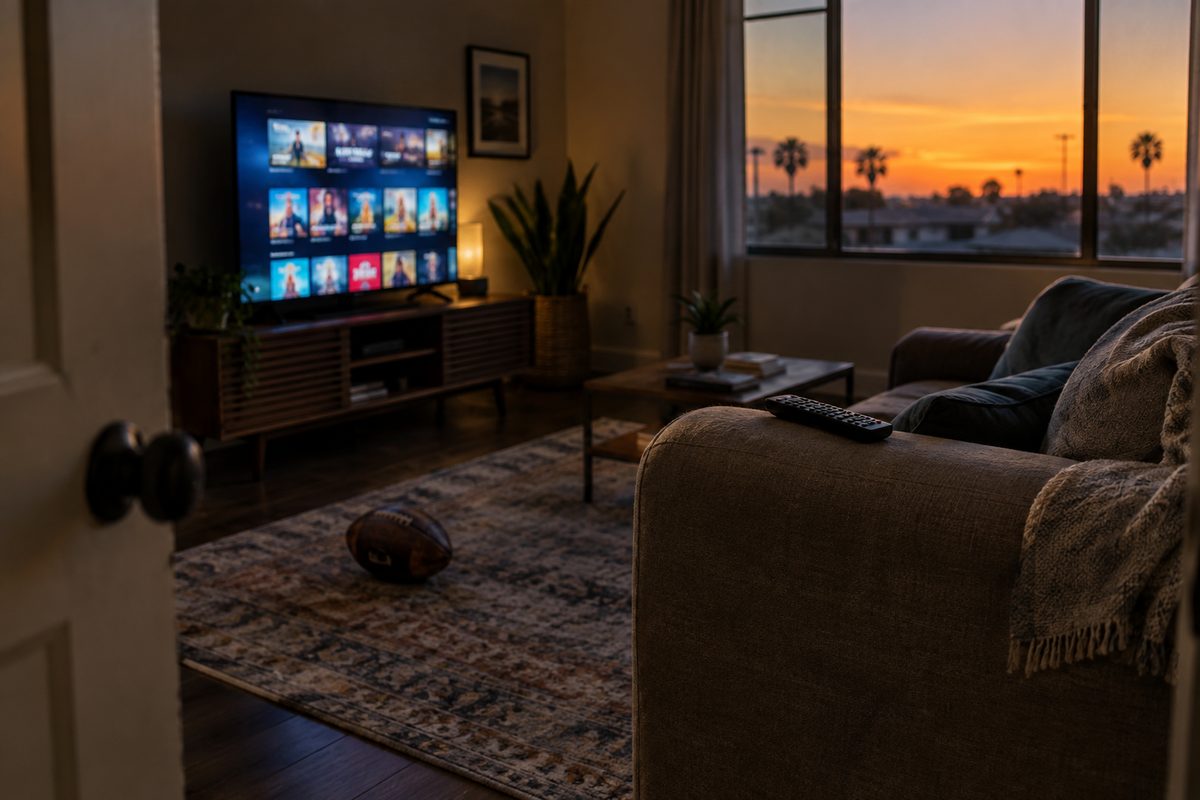 A living room at dusk with a television showing a blurred grid of program tiles, a remote on the couch arm and a football on the rug.