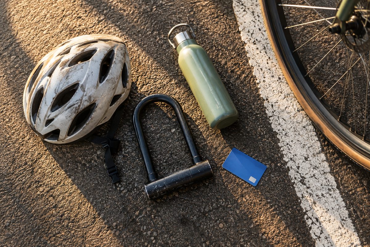 Overhead view of a bicycle helmet, a U-lock, a water bottle and a transit fare card laid out on asphalt beside a painted lane line in warm late-day light.