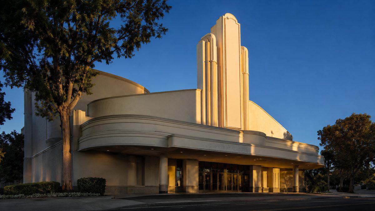 A historic auditorium at golden hour