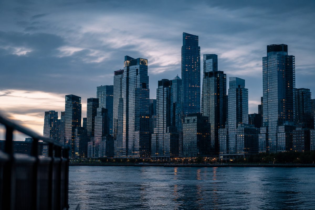Glass apartment towers across the water at dusk
