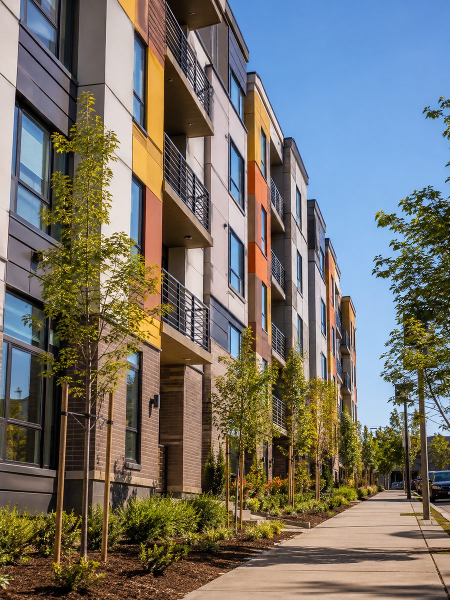 A new apartment building with color accents