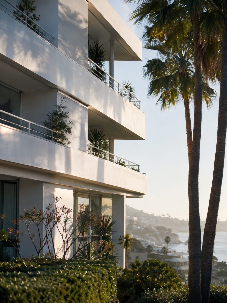 A white apartment building with balconies