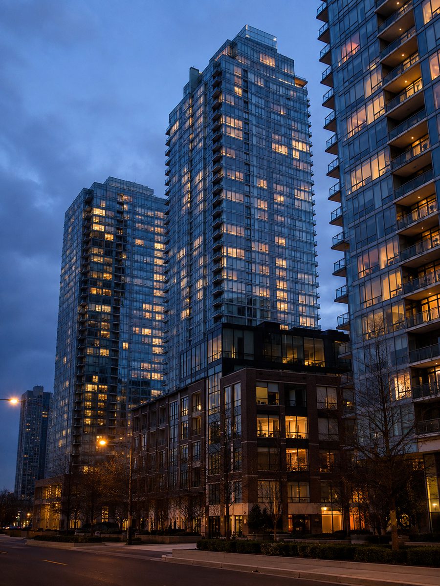 Glass residential towers at blue hour