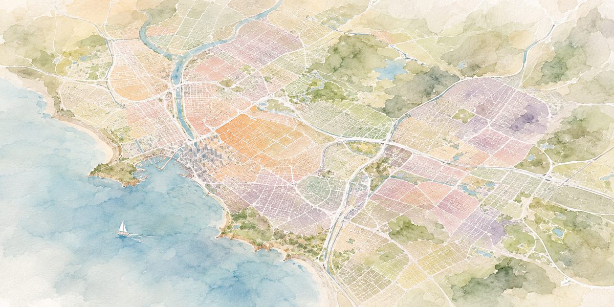 Watercolor map of the Los Angeles region
