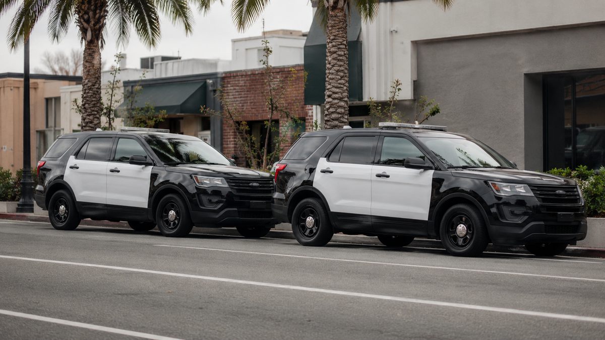 Two police SUVs parked on a city street