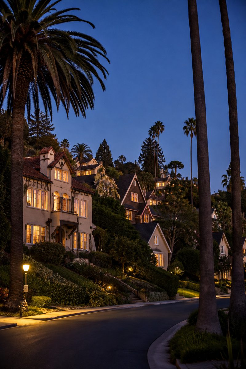 Storybook houses and tall palms on a hillside street at dusk