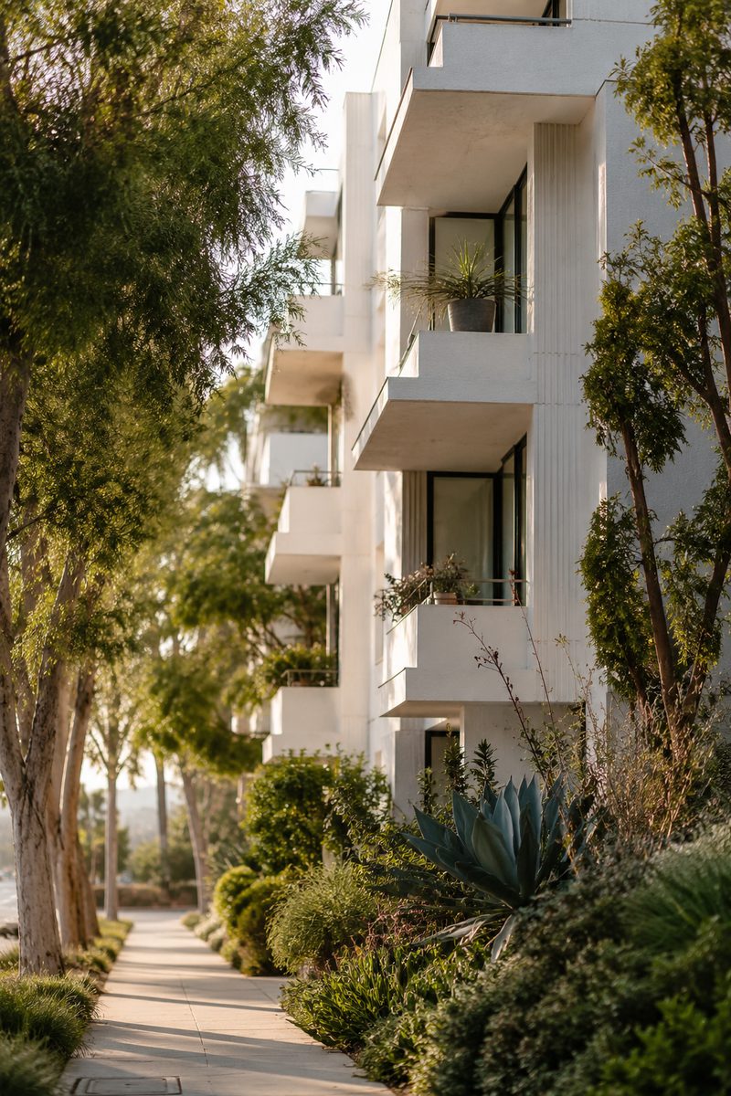 A white apartment building on a leafy street in late light